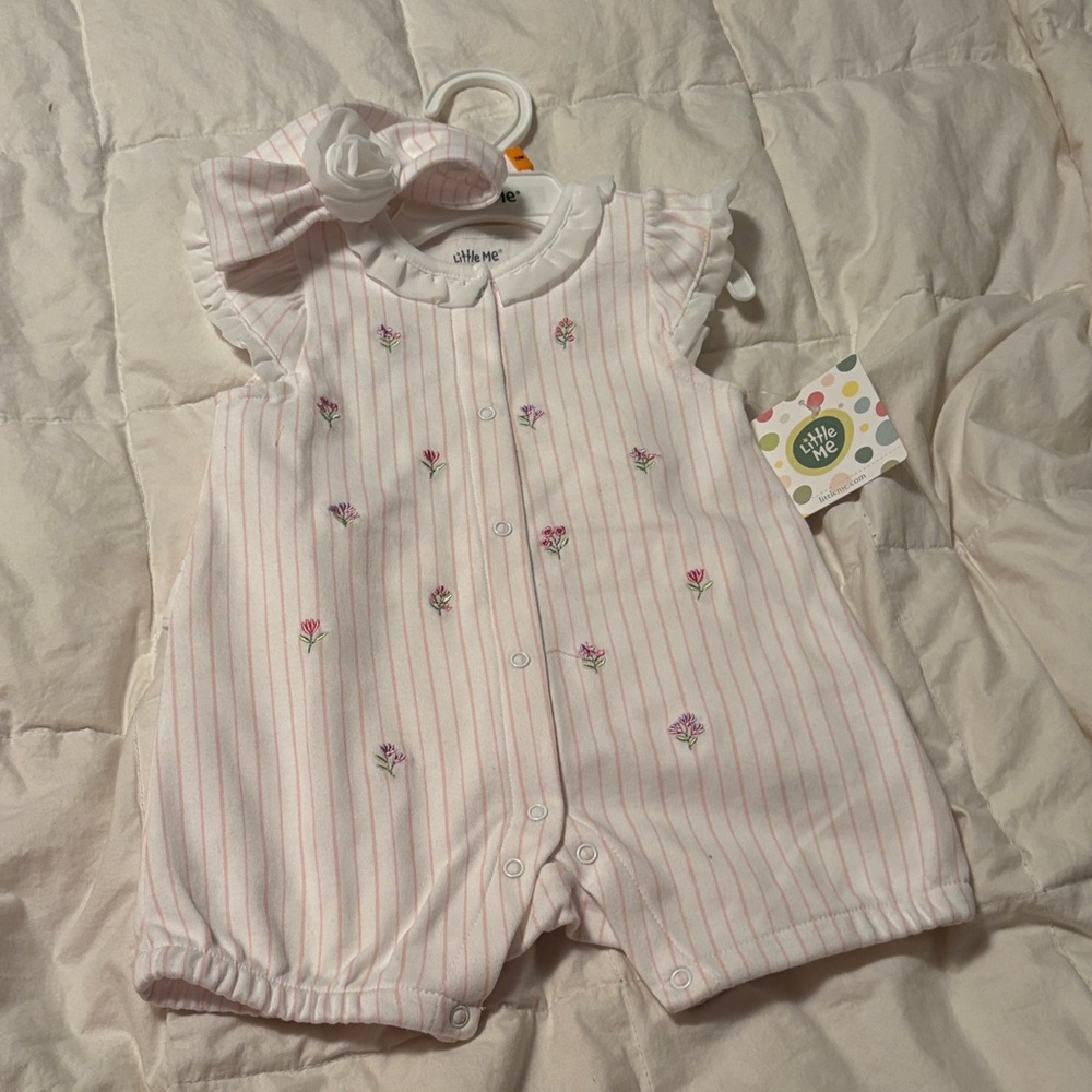 Little Me Light Pink Striped Floral Romper with Bow Headband